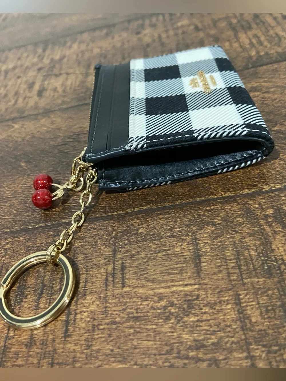 Coach Mini Skinny ID Case Black and White Gingham Print with Cherry Charm